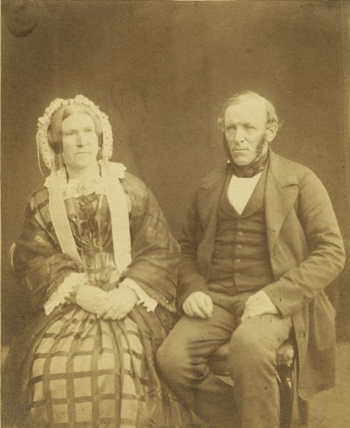 Seated studio portrait of Margaret (Mitchell) Johnston (1805-1861) and her husband George Johnston (1803-1893) of Aberdeenshire, Scotland. They were the parents of John Johnston (1836-1904), a successful Milwaukee banker.

Margaret was the sister of Alexander Mitchell (1817-1887), also a successful Milwaukee banker.