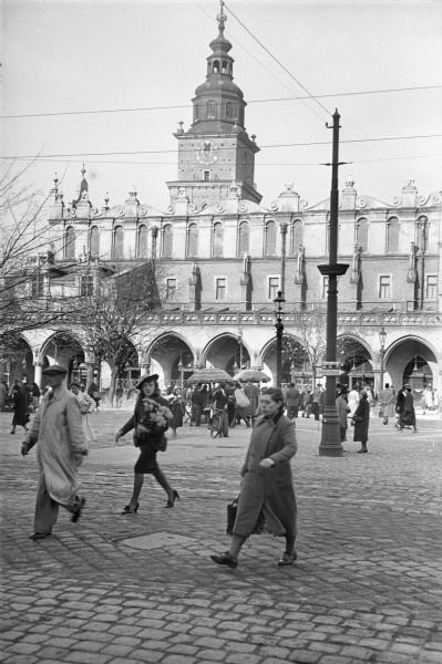 The Market Hall and Square in Krakow, Poland, about a year after the German invasion.