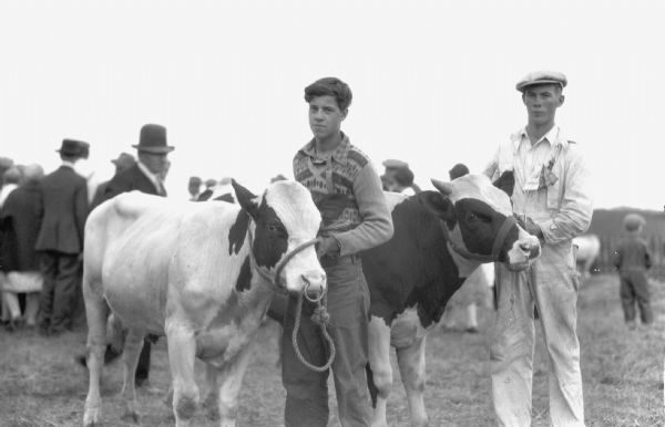 Two young men who are 4-H members are each standing and holding a rope lead next to a young bovine, possibly at the Iron County Fair.