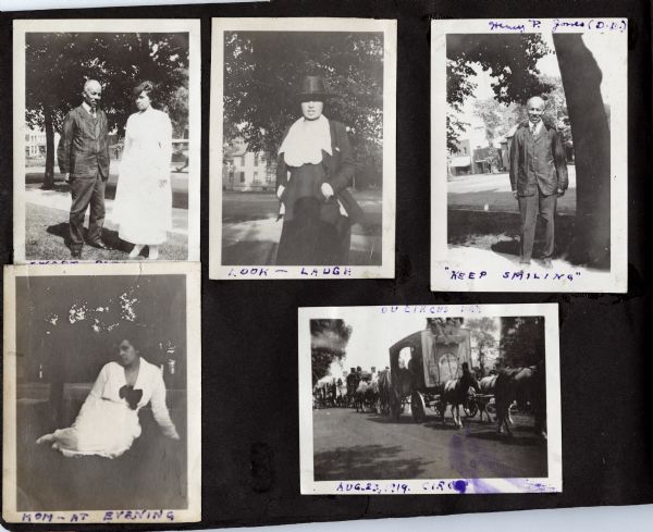 A page from the Webb family album, compiled and captioned by Andrew Webb Jr., with images of Caroline Webb (Andrew's mother), Henry P. Jones, and Circus Day in 1919.