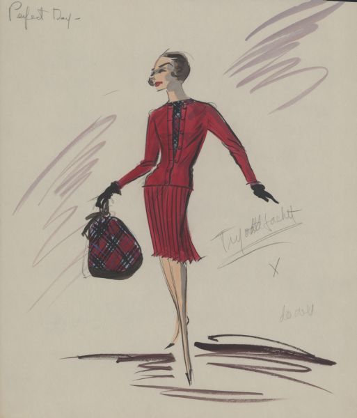 Design for a Red Skirt Outfit for "Breakfast at Tiffany's" Pencil, ink, gouache, and watercolor design for a red pleated skirt and matching red collarless jacket over a red, blue, and black tartan plaid blouse. Also shown is a large handbag in matching plaid. This is a design for one of Audrey Hepburn's costumes in "Breakfast at Tiffany's" (Paramount, 1961).