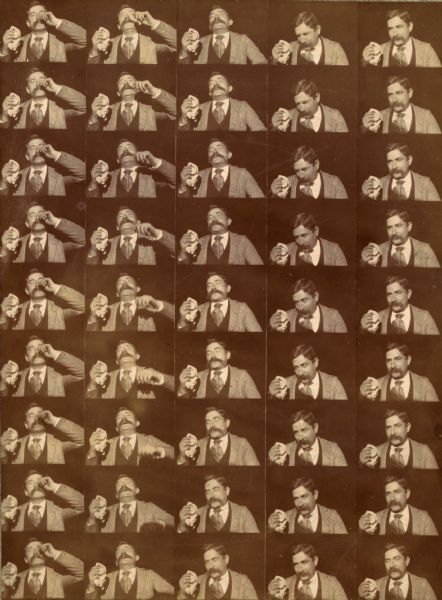 Printing-out-paper contact print of 45 frames of the 5 second film known as "Edison Kinetoscopic Record of a Sneeze" or simply "Fred Ott's Sneeze." The film was made by William Kennedy Laurie Dickson and the print was sent to Washington for copyright registration on or about January 7, 1894.