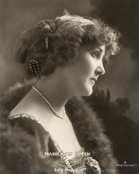 Head and shoulders studio publicity portrait of Selig Polyscope silent film star Mabel Van Buren, 1913.