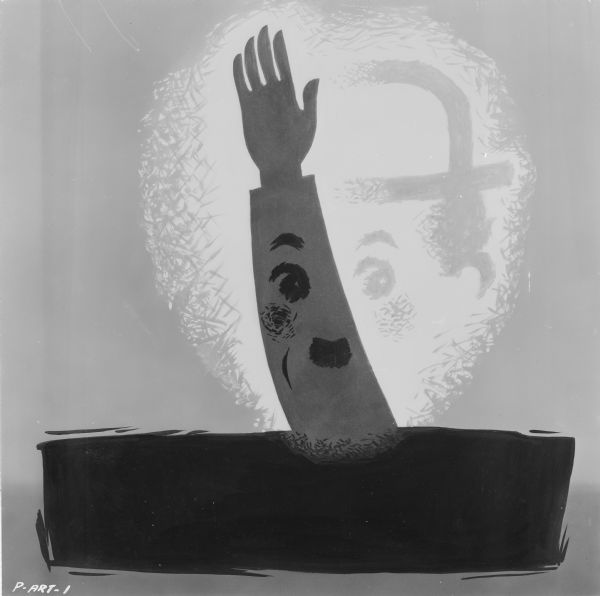 Poster design for "The Great Dictator." This poster design element features Charlie Chaplin's tramp character's head with an arm doing the Nazi salute superimposed upon it.