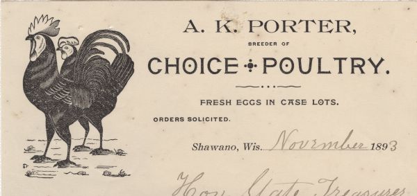 Letterhead of A.K. Porter, a poultry breeder and egg dealer from Shawano, Wisconsin, with an image of a rooster and a chicken. Printed on lined note paper.
