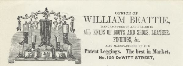 Letterhead of William Beattie, a boot and shoe manufacturer and dealer from Portage, Wisconsin, who also dealt in leather, findings, and "Patent Leggings. The best in market," with a shoe tree with scroll-shaped hangers from which are suspended two pairs of boots and several pairs of shoes. More boots and shoes are arranged on the two-step display on which the shoe tree stands. Printed on lined notepaper.