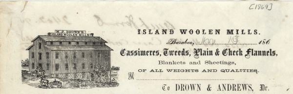 Billhead of Island Woolen Mills of Baraboo, Wisconsin, with a three-quarter view of M.J. Drown's Island Woolen Mills building, people loading a horse-drawn wagon, and another person in a wagon approaching the mill. Text features "Cassimeres, Tweeds, Plain & Check flannels, Blankets and Sheetings, of all weights and qualities."