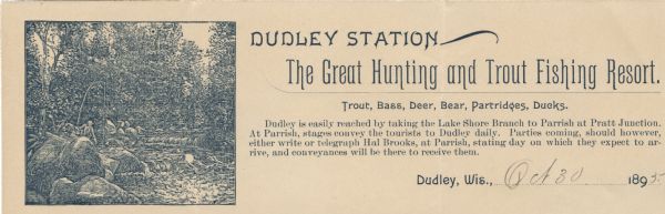 Letterhead of Dudley Station, a hunting and trout fishing resort in Dudley, Wisconsin. On the left is an illustration of a fisherman holding a fishing pole with a long line extending into the water, with rocks in the foreground and a wooded area in the background. Instructions for travelers are also included in the letterhead text. Printed in blue ink.