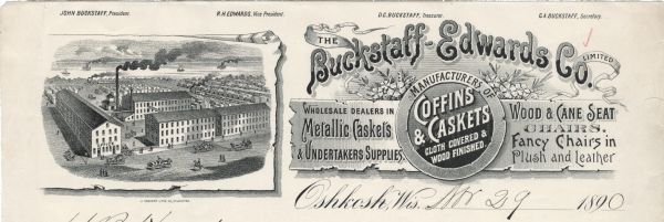 Memohead of the Buckstaff-Edwards Company of Oshkosh, Wisconsin, manufacturers of coffins and caskets and wholesale dealers in caskets and undertaking supplies, wood and cane seat chairs, and upholstered chairs. Features an elevated view of the factory complex, surrounding streets, and the Fox River in the distance pictured on a scrap of paper with worn edges. There is also text in a circular medallion and on a banner with worn edges, embellished with flowers and ribbons. Printed by the J. Knauber Lithographing Company, Milwaukee.