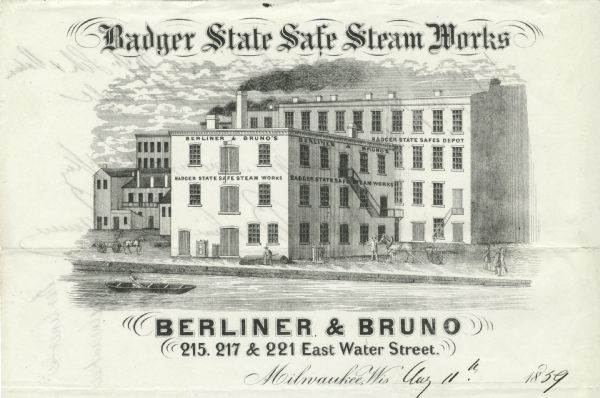 Letterhead of the Berliner & Bruno's Badger State Safe Steam Works of Milwaukee, Wisconsin, with a three-quarter view of the steam works and depot, people working near the building, people looking on, and a person rowing on the water in the foreground.