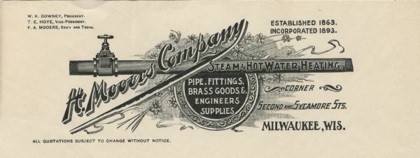 Letterhead of the H. Mooers Company of Milwaukee, Wisconsin, a steam and hot water heating supplier, with a pipe and valve, the name of the company printed on a diagonal, a circle with an ornamented border with product types featured, and accents of flowers.