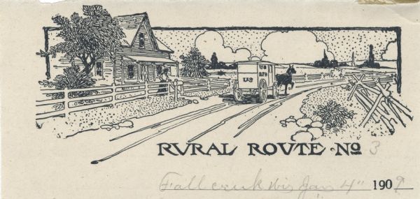 Letterhead of Rural Route No. 3 in Fall Creek, Wisconsin, with a woman  in front of a house retrieving mail from a mailbox and a horse-drawn U.S. R.F.D. mail wagon retreating down the road. Printed on lined note pad paper as a stock design with the Rural Route No. to be filled in by hand.