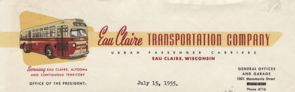 Letterhead of the Eau Claire Transportation Company, "urban passenger carriers," with a three-quarter view of a red and yellow city bus marked "Olson Street". Printed in black, yellow, and red inks, with an "atomic" shaped background for the bus, and a combination of cursive display script and elongated sans serif lettering for the name of the company.