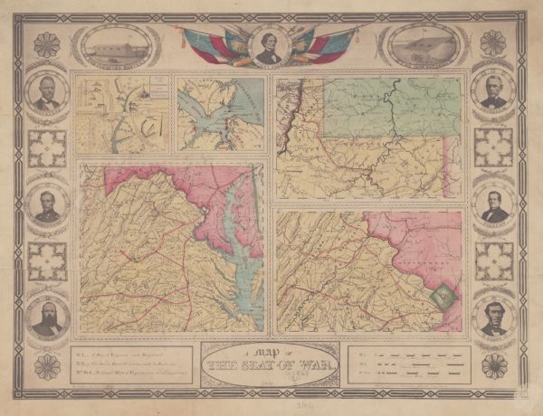 A Map of the Seat of War This map was reproduced photographically and issued in Augusta, Ga., in the early days of the Civil War. It includes panels showing Virginia, Maryland, the Confederate batteries on Chesapeake Bay at the mouth of the James River, and the site of the Battle of Bethel Church, or Big Bethel, one of earliest land battles in the war. The map panels are bordered by illustrations of batteries and portraits of seven Confederate leaders.