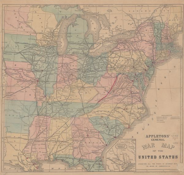 This colored map shows railroad lines east of the Mississippi as well as in the states bordering the Mississippi River. The Great Lakes and Gulf of Mexico are labeled. The map includes points of interest and means of communication, as well as a key. There are some annotations added in red ink.
