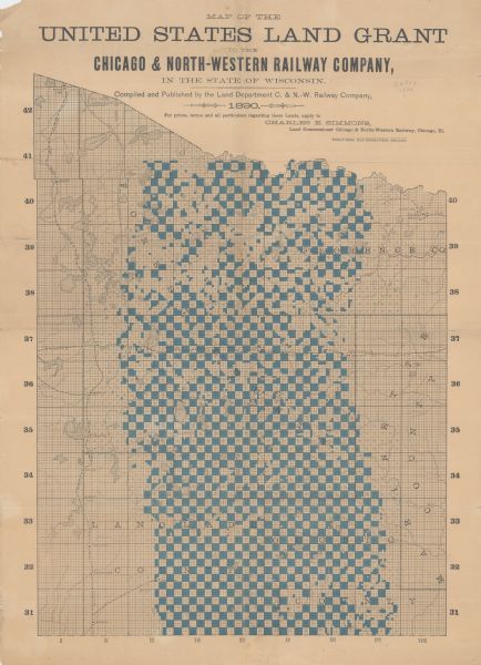 "For prices, terms and all particulars regarding these lands, apply to Charles E. Simmons, Land Commissioner, Chicago & North-Western Railway, Chicago, Ill." Shows lands granted to the railroad in northern Wisconsin, primarily in Forest County and also in Langlade, Oconto, Florence, and Marinette Counties.