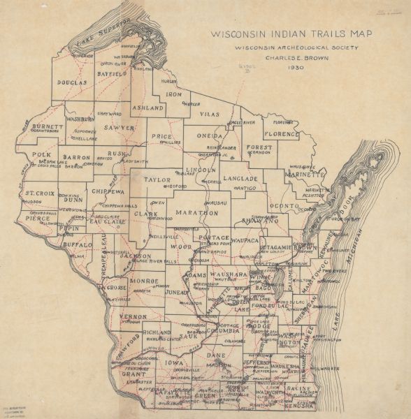 This map shows Indian trails through Wisconsin counties. The trail are in red ink. Lake Michigan, Green Bay, Lake Superior, and the Wisconsin River are labeled.