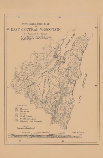 This map of east central Wisconsin around Lake Winnebago and the southern portion of Green Bay shows the moraines, drumlins, eskers, sand dunes, old beach lines, marshes and swamps in the area. The counties of Brown, Calumet, Fond du Lac, Kewaunee, Manitowoc, Outagamie, Sheboygan, Winnebago and portions of Door Green Lake, Oconto, Ozaukee, Shawano, Washington, Waushara, and Waupaca counties are covered. A lithostratigraphic chart of the Fox River, Lake Winnebago, and Lake Michigan is also included.