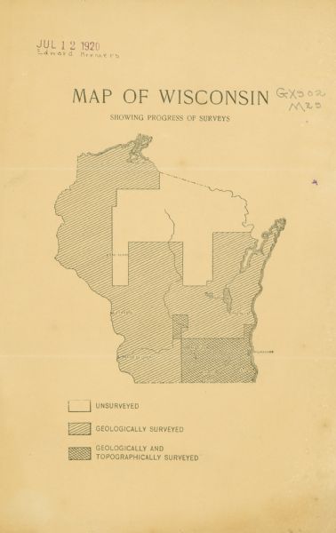 This map identifies the areas of the state that had been geologically surveyed or topographically surveyed, or both, as well as portions of the state still un-surveyed.
