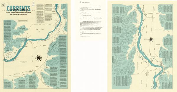 This canoe guide depicts the Wisconsin River from just north of Prairie du Sac to near Spring Green. Landmarks and points of interest are identified and described on the map and a sheet of corrections is included.