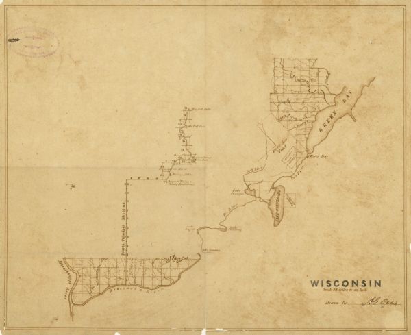 Ink on tracing paper map of Green Bay, Wisconsin and nearby areas, Lake Winnebago, Fox and Wolf Rivers, and the junctions of the Mississippi and Wisconsin Rivers. The map also shows locations for Grignon’s and Company Mill, Grignon’s Trading and Farming Establishment, Bloomer and Company, Whitney’s Mill, and Conant’s Mills. The scale of the map is 18 miles to an inch.
