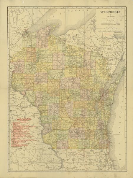 A business map of Wisconsin, showing railroads, counties, cities, villages, rivers, lakes, and electric lines. Additional areas also included in the map are the western portion of Michigan's Upper Peninsula, eastern Iowa and Minnesota, and northern Illinois. A key to the names of the railroads in the state is printed on the map.