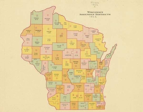 A map of Wisconsin showing the state’s Assembly Districts. It also provides the population total of each county.