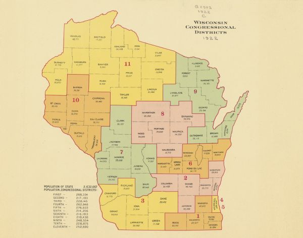 A map of Wisconsin showing the state’s congressional districts, it also provides the population total for the state, each district and each county.
