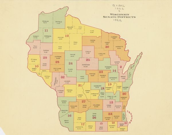A map of Wisconsin showing the state’s Senate districts, it also provides the population total for each county.