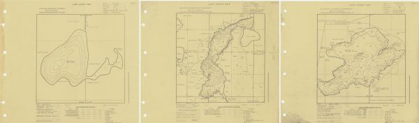 A survey map of Island Lake in Bayfield County, Wisconsin, Chain Lake in Rusk and Chippewa counties, and Manson Lake in Oneida County. The maps show the depth of the lake by contour lines along with numbered depths in feet.  In addition, the maps provide details regarding the lake bed composition, buildings, and shoreline vegetation. The map consists of three separate maps drawn between November 1938 and May 1939. Map one reads: "Nov. 16, 1938 ; compiled by W.P.A. dist. 2 ; traced by R.F.F.," map two reads: "February 7, 1939 ; compiled by H.K. ; traced by H.G.O. ; work agency W.P.A." and map three reads: "May 11, 1939 ; compiled by E.H. ; traced by W.P.S. ; work agency CCC." The approximate scale of the map is 1:5,280 (1 inch = 440 feet).