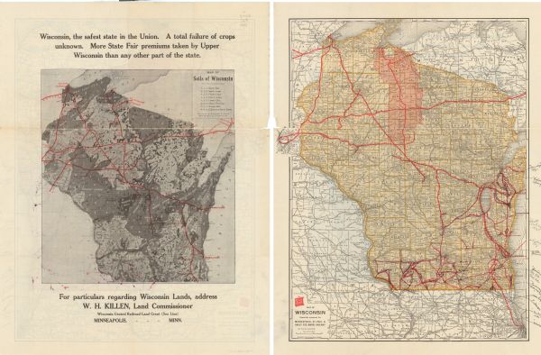 Two maps that show the rail lines of the Minneapolis, St. Paul & Sault Ste. Marie Railway Company in Wisconsin. The first map shows these lines on the Map of soils of Wisconsin from the state geological report, providing detail on the type of soil in relation to railway lines and towns and cities. The second map shows these lines on a railroad map of the state, with the land grant lands in Ashland, Bayfield, Iron, Lincoln, Oneida, Price, Rusk, and Taylor counties shaded in red. The maps also show the railways in eastern Minnesota and Iowa, and northern Illinois and Michigan’s Upper Peninsula.