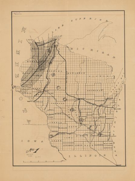 A map showing rail lines in Wisconsin and the railroad land grants of the Superior & St. Croix Railroad in the present-day northwestern Wisconsin counties of Ashland, Barron, Bayfield, Burnett, Douglas, Dunn, Pierce, Polk, Rusk, Saint Croix, Sawyer, and Washburn. The map also includes railways routes of the Wisconsin Central and Chipnall Rail Roads.