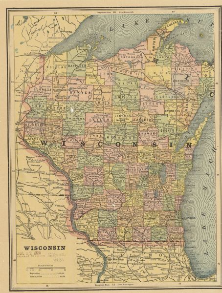 A map of Wisconsin, eastern Wisconsin and Iowa, northern Illinois, and the Upper Peninsula of Michigan. The counties, cities and villages, and rail lines in Wisconsin and Michigan’s Upper Peninsula are identified. The maps also shows Lake Superior and Michigan.