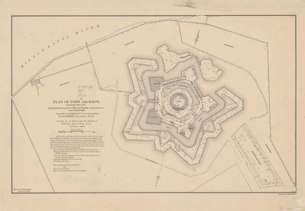 This detailed plan of Fort Jackson, in Plaquemines Parish, Louisiana, indicates the damage inflicted by the April, 1862, bombardment of the fort by Union forces.