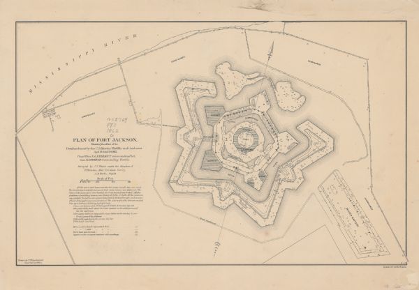 Plan of Fort Jackson, showing the effect of bombardment by the U.S. mortar flotilla and gunboats, April 13th to 24th 1862; drawn by E. Hergesheimer This detailed plan of Fort Jackson, in Plaquemines Parish, Louisiana, indicates the damage inflicted by the April, 1862, bombardment of the fort by Union forces.
