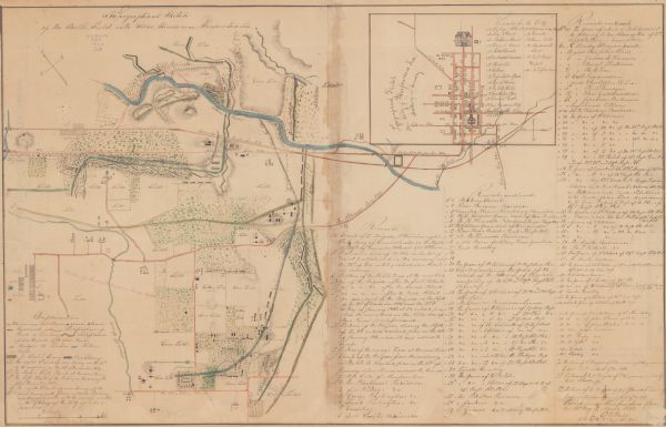 This map is a hand-colored, pen and ink, drawing by Ole R. Dahl of Co. B, 15 Wisconsin Infantry shows the battlefield at Stones River, depicting roads, streams, vegetation, and relief by hachures. Inset: Topographical sketch of the city of Murfreesboro Ten., Rutherford County. The 1st Wisconsin Infantry, 10th Wisconsin Infantry, 15th Wisconsin Infantry, 21st Wisconsin Infantry, and 24th Wisconsin Infantry regiments and the 3rd Wisconsin Light Artillery, 5th Wisconsin Light Artillery, 8th Wisconsin Light Artillery, and 10th Wisconsin Light Artillery batteries were involved at Stones River.