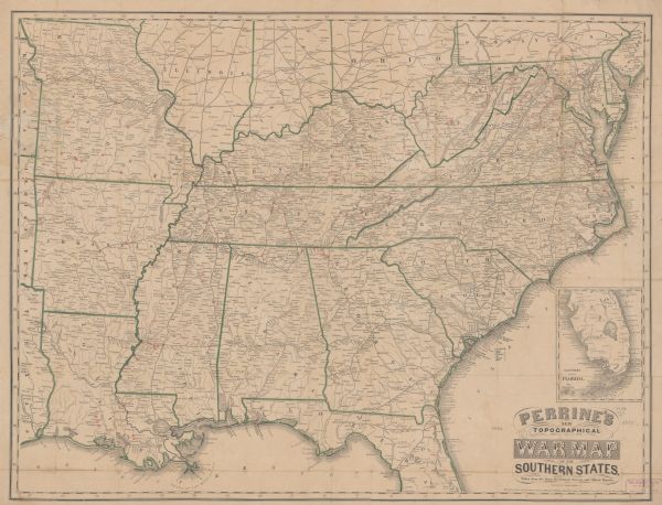 A general map of the southeastern United States showing Missouri, Kentucky, West Virginia, Virginia, North Carolina, South Carolina, Georgia, Florida, Alabama, Mississippi, Louisiana, Arkansas, and Tennessee. An inset map shows the southern part of Florida. Sites of Civil War engagements indicated by red circles.
