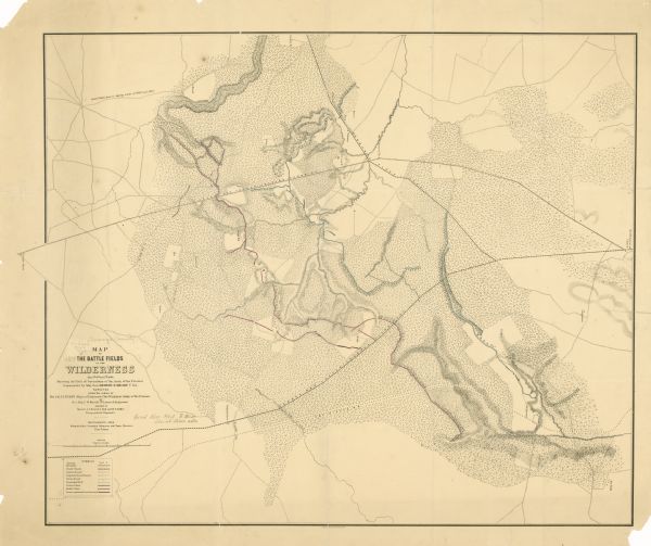 Map of the Battle Fields of the Wilderness, May 5th, 6th, and 7th This map of the battlefield at Wilderness, Virginia, illustrates the Union positions in blue and Confederate positions in red. Roads, railroads, vegetation, drainage, and the names of area residents are all shown. The 2nd Wisconsin Infantry, 5th Wisconsin Infantry, 6th Wisconsin Infantry, 7th Wisconsin Infantry, and 36th Wisconsin Infantry all took part in the Battle of the Wilderness on May 5-7, 1864.