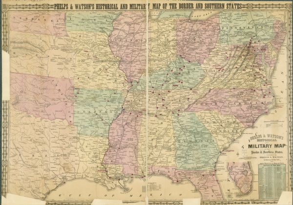 This colored map of the southern and eastern states shows locations of battles and skirmishes from 1861 through May 1864 with red dots or red underlining of place names. Also shown are population statistics for each state. A chronological list battles of the war is also included.