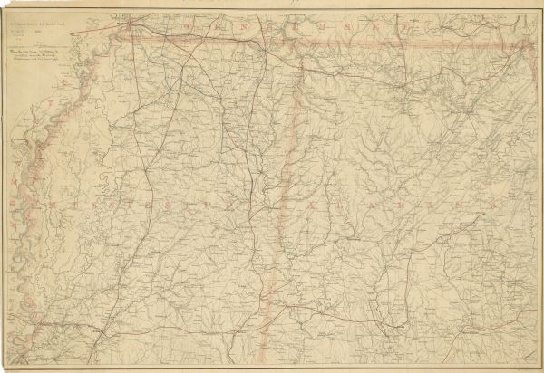 This map traces the route of Union troops under the command of Gen. William S. Smith. This force left Memphis, Tennessee, on February 11, 1864, traveling as far south as Aberdeen, Mississippi. They engaged in the Battle of Okolona on February 22nd and returned to Colliersville, Tennessee, on February 26, 1864.