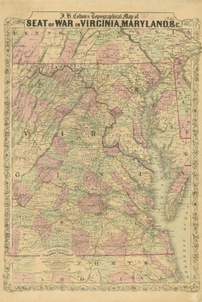Colton's Topographical Map of Seat of War in Virginia, Maryland A general map of eastern Virginia, Maryland, Delaware, southern Pennsylvania, and northern North Carolina.