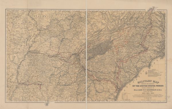 Detailed map of the southeastern United States showing fortifications, "movements of Genl. J.H. Wilson's Cavalry Corps," "pursuit of Hood" and the lines of march of the 4th, 14th, 15th, 16th, 17th, and 20th army corps and the cavalry. Map also indicates "movements on Atlanta, Ga." roads, railroads, names and boundaries of states, towns, drainage, geographical coordinates, and relief by hachures. Movements of armies and fortifications of both U.S. and Confederate forces are indicated in color.