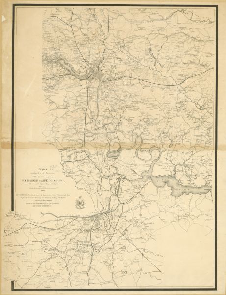 This detailed map of the area between Richmond and Petersburg shows fortifications, roads, railroads, towns, street patterns of Petersburg and Richmond, drainage, relief by hachures, and houses and names of residents in outlying areas.