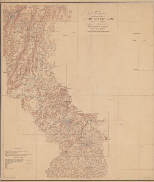 Map illustrating the operations of the army under command of Gen. W.T. Sherman in Ga. from May 5 to Sept.4, 1864 Map of northwestern Georgia shows Union and Confederate troop positions between Chattanooga, Tenn., and Jonesboro, Ga., May-Sept., 1864. Wisconsin units involved in military actions in this theater included the 1st Wisconsin Cavalry, 5th Wisconsin Light Artillery, 10th Wisconsin Light Artillery, 1st Wisconsin Infantry, 3rd Wisconsin Infantry, 10th Wisconsin Infantry, 12th Wisconsin Infantry, 15th Wisconsin Infantry, 16th Wisconsin Infantry, 17th Wisconsin Infantry, 21st Wisconsin Infantry, 22nd Wisconsin Infantry, 24th Wisconsin Infantry, 25th Wisconsin Infantry, 26th Wisconsin Infantry, 31st Wisconsin Infantry, and 32nd Wisconsin Infantry.