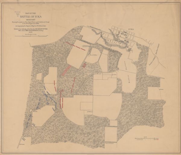 Map of the Battle of Iuka, Miss., Showing the Positions of the U.S. and Confederate Troops on the 19th of Sept. 1862 This map of the Battle of Iuka depicts the May 19, 1862, positions of the Union forces in blue and Confederate in red. Indicated on the map are roads, the "route to heights commanding Fulton Road" street pattern and buildings in Iuka, houses and names of residents in outlying areas, fences, "Memphis & Charleston R.R." vegetation, drainage, and relief by hachures. The 8th Wisconsin Infantry, 14th Wisconsin Infantry, and 16th Wisconsin Infantry regiments and the 8th Wisconsin Light Artillery and 12th Wisconsin Light Artillery batteries were present at Iuka but saw little or no action.