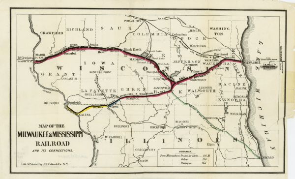 Drawn around 1855, this map shows the placement of railroad tracks in southern Wisconsin and northern Illinois connecting Milwaukee, Prairie du Chien, Galena, Portage City and Chicago. Counties, cities and rivers are marked. The map includes a table that gives the distance between Milwaukee and Prairie du Chein, Galena and Dubuque.