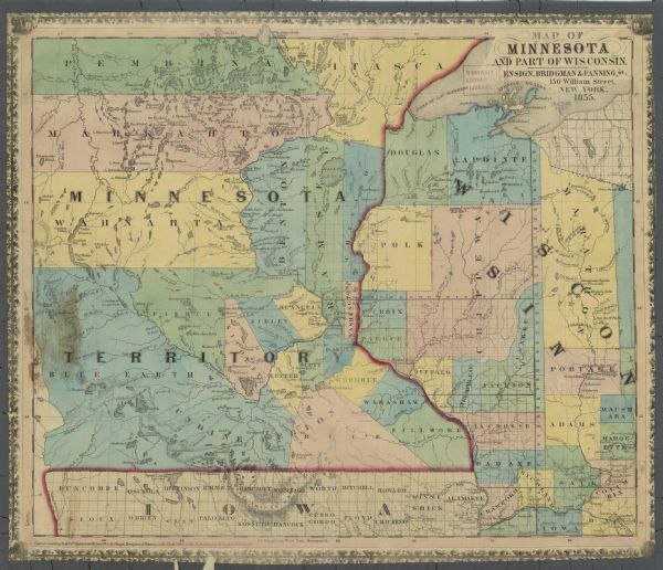 Drawn three years before Minnesota entered statehood, this map shows Minnesota Territory and the western part of Wisconsin. The map shows county lines, rivers and lakes.
