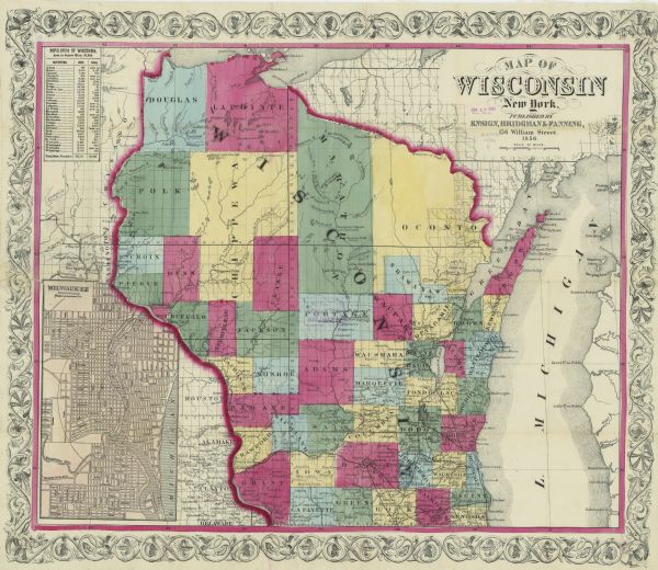 This map shows the entire state of Wisconsin with counties, cities and rivers. It includes an inset of the layout of the streets of Milwaukee and a chart with the population by counties in 1840 and 1850, as well as the state's total population.