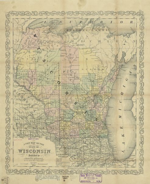 This detailed map was drawn nearly a decade after Wisconsin entered statehood. It depicts the entire state, northern Illinois and part of the upper peninsula of Michigan. It shows counties, cities, county towns, canals, and railroads finished, in progress and projected.