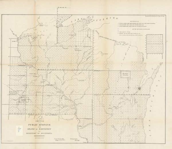 Sketch of the Public Surveys in the State of Wisconsin and Territory of Minnesota A map of the state of Wisconsin and the southeastern portion of the Territory of Minnesota, showing the Wisconsin reservations of the Oneida, Menominee, Stockbridge, and Brothertown Indians, the Winnebago reservation south of Mankato, Minnesota, and the Menominee Cession of 1848 are shown. Also depicted in the map are the towns of Winona, Minnesota and Prairie do Chien, Wisconsin. The approximate scale of the map is 1:1,140,480 (18 miles to an inch).